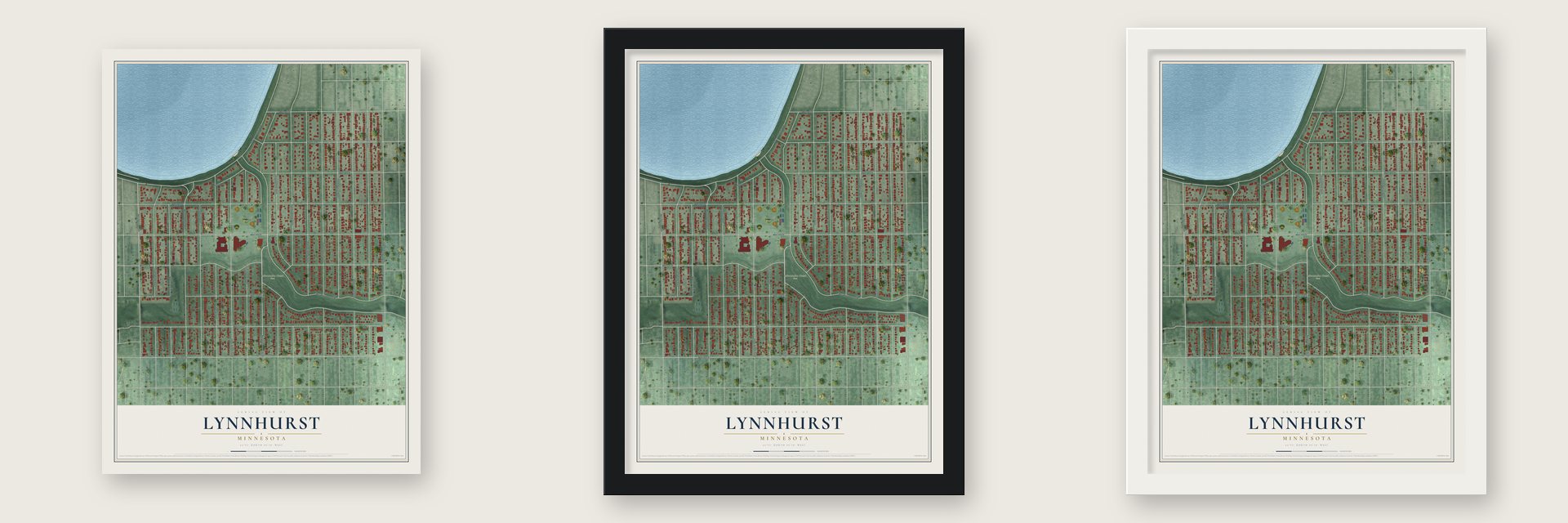 Lynnhurst, Minnesota map unframed, in a black wood frame and in a white wood frame