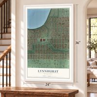 Lynnhurst, Minnesota map, 24 x 36 inch print in a white frame by a staircase