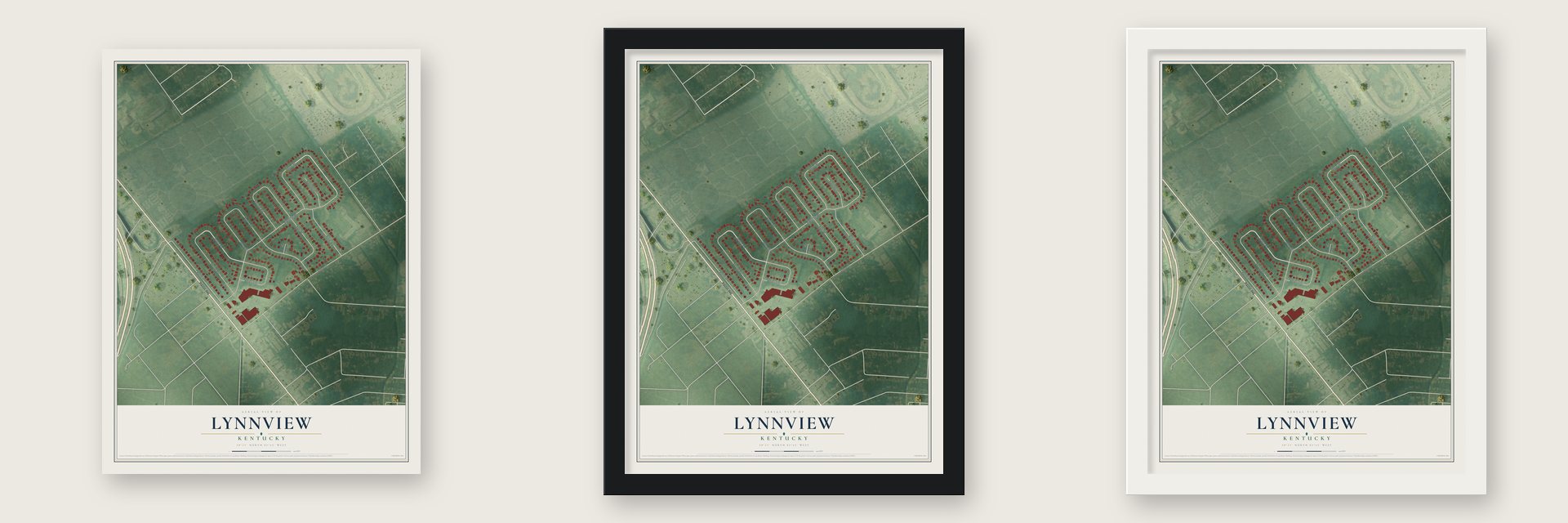 Lynnview, Kentucky map unframed, in a black wood frame and in a white wood frame
