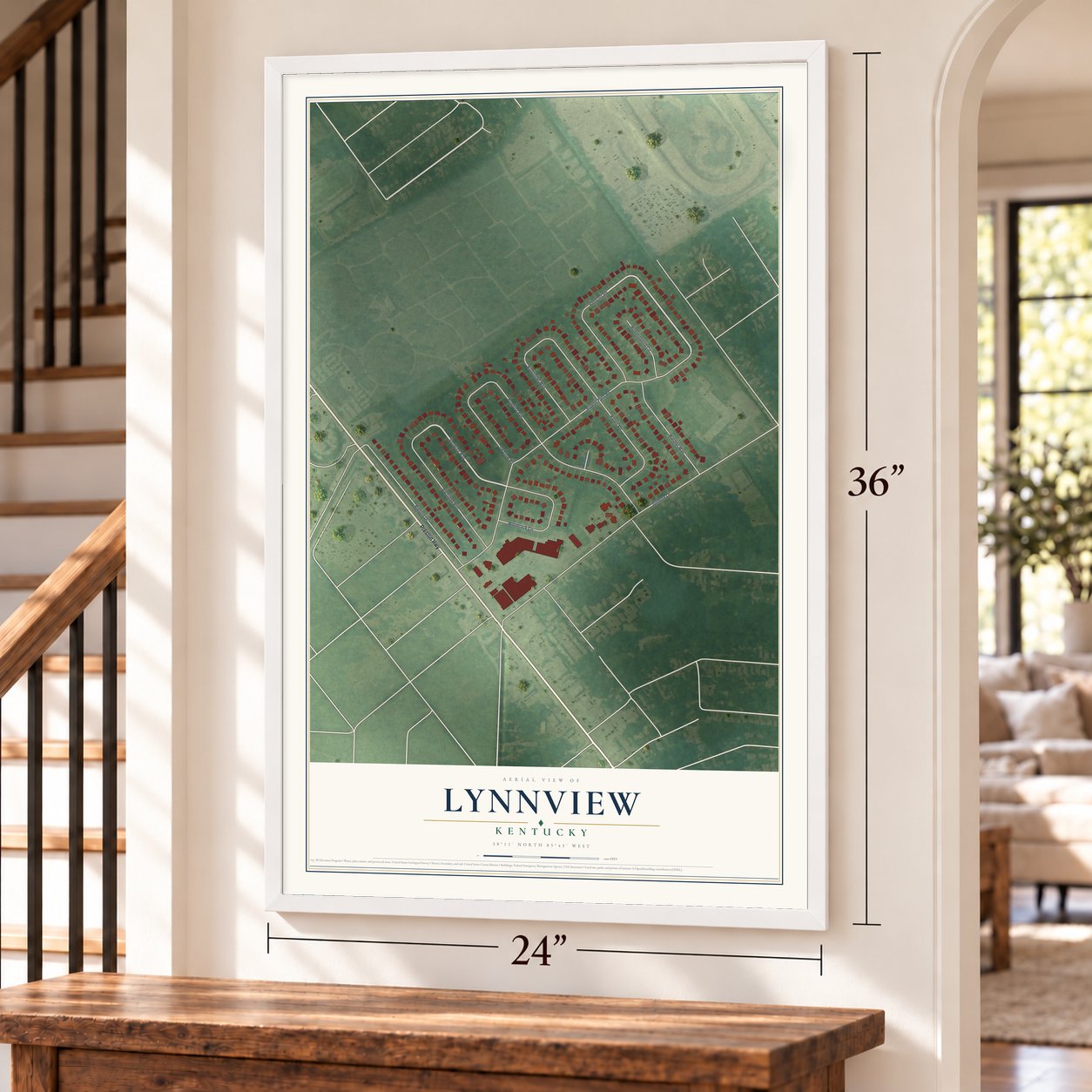 Lynnview, Kentucky map, 24 x 36 inch print in a white frame by a staircase