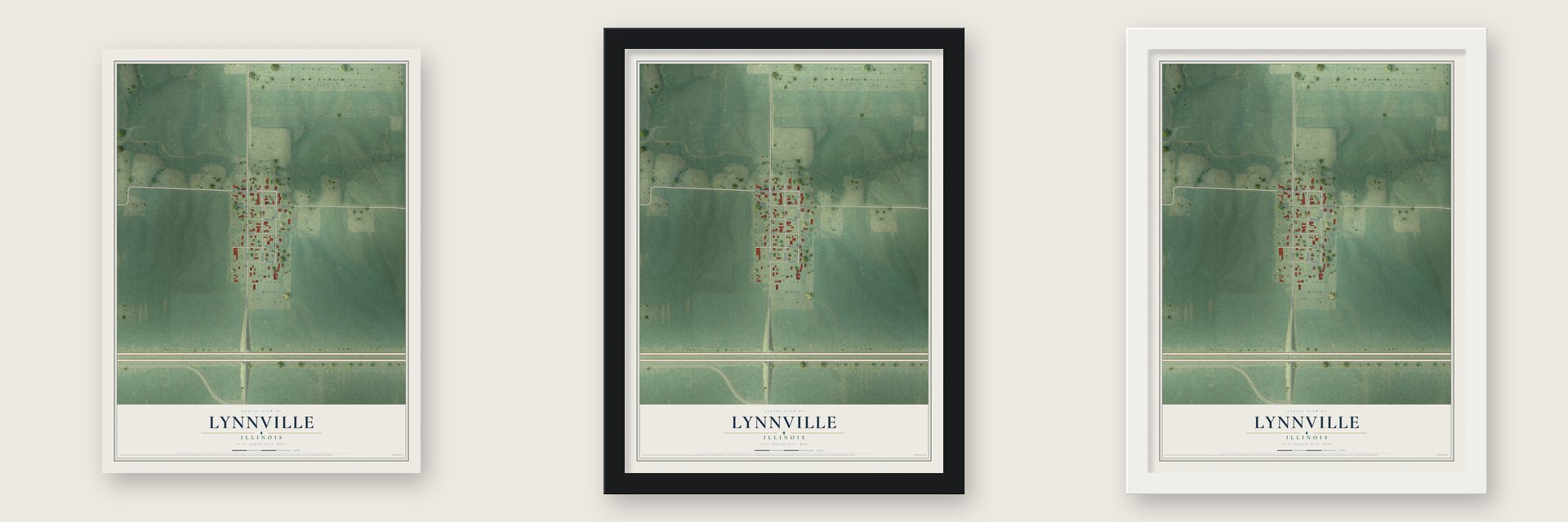 Lynnville, Illinois map unframed, in a black wood frame and in a white wood frame