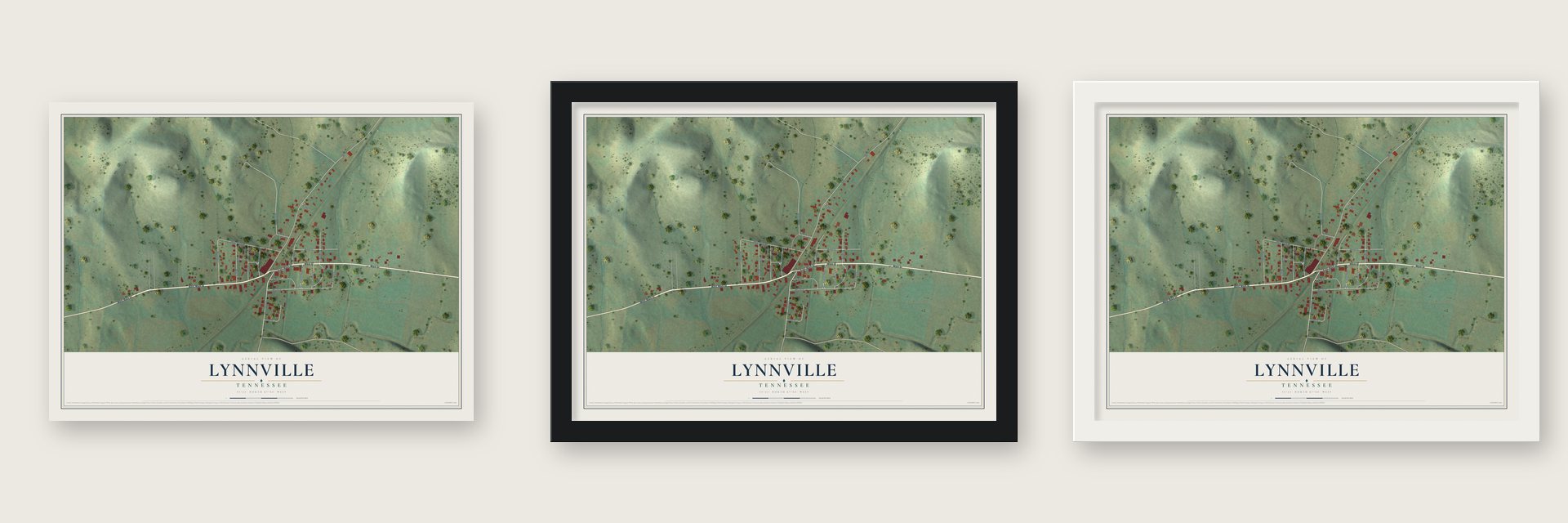Lynnville, Tennessee map unframed, in a black wood frame and in a white wood frame