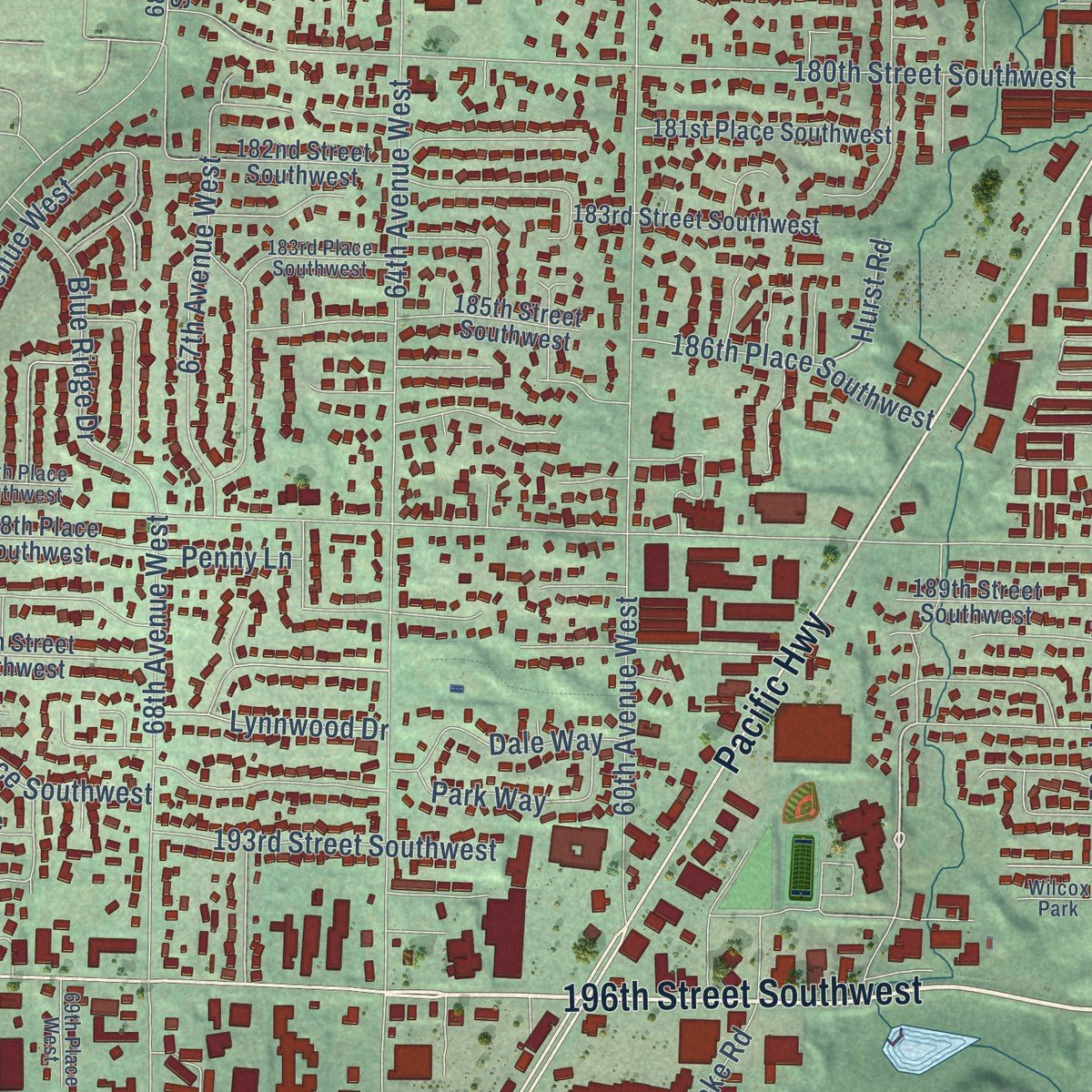 Second close-up of the map of Lynnwood, Washington print showing more streets and buildings