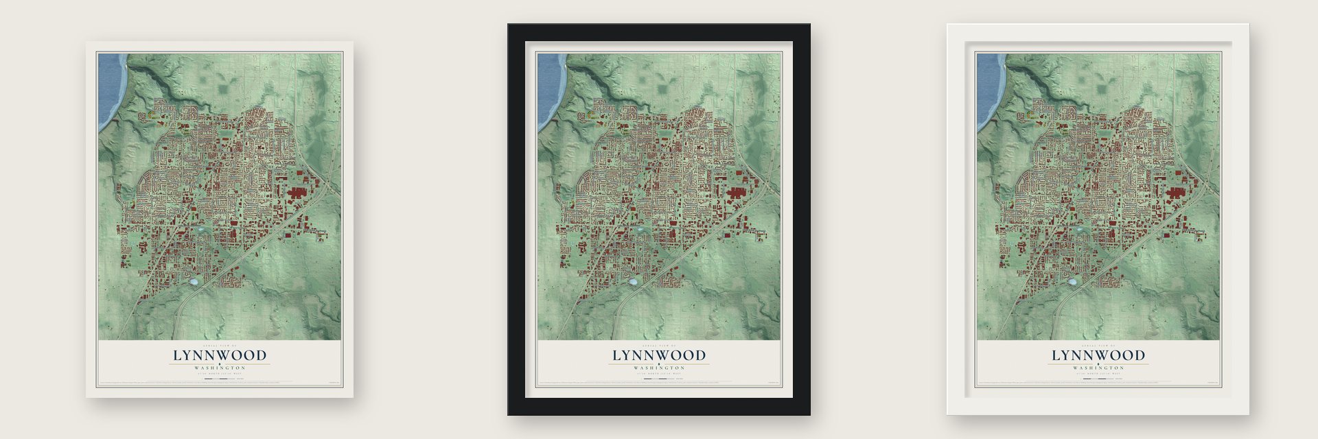Lynnwood, Washington map unframed, in a black wood frame and in a white wood frame
