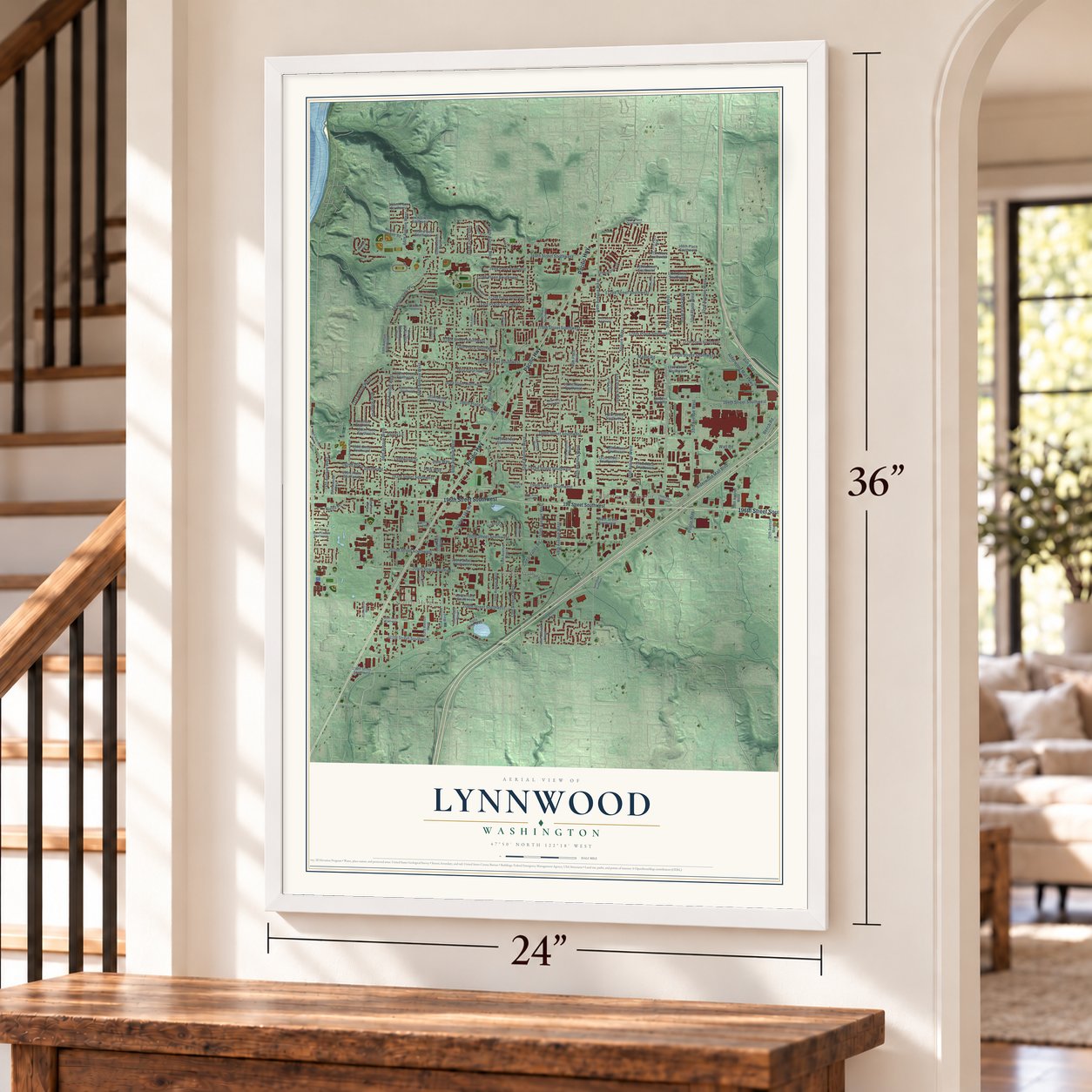 Lynnwood, Washington map, 24 x 36 inch print in a white frame by a staircase