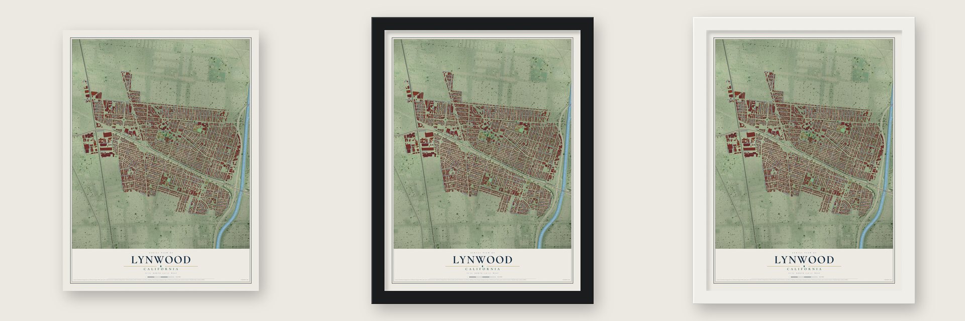 Lynwood, California map unframed, in a black wood frame and in a white wood frame