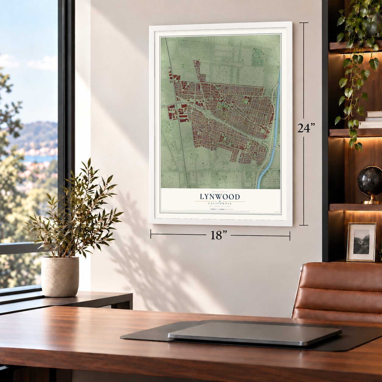 Lynwood, California map, 18 x 24 inch print in a white frame in a home office