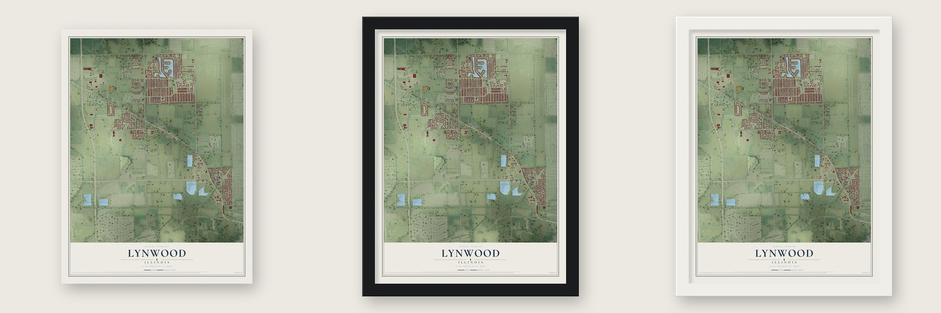 Lynwood, Illinois map unframed, in a black wood frame and in a white wood frame
