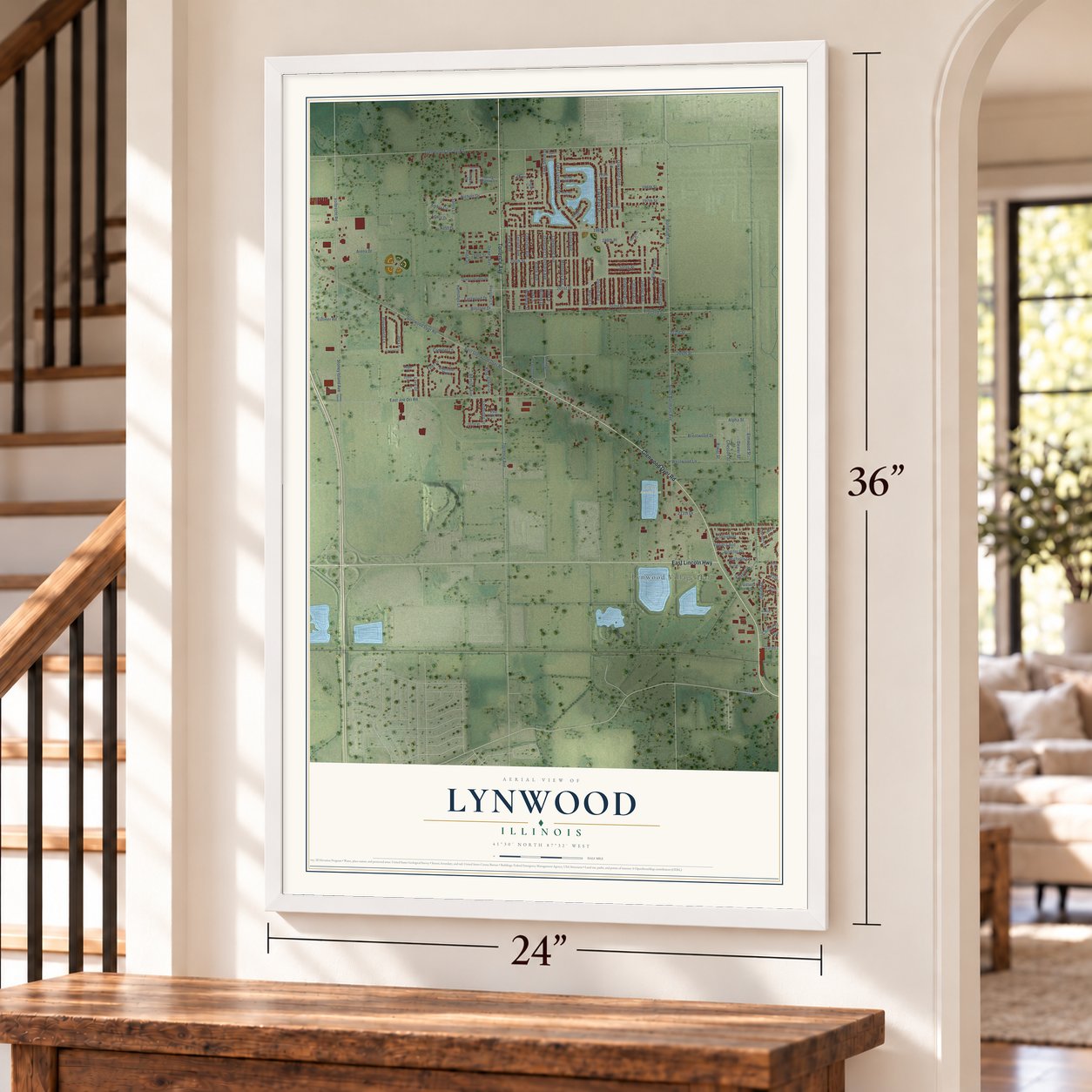 Lynwood, Illinois map, 24 x 36 inch print in a white frame by a staircase