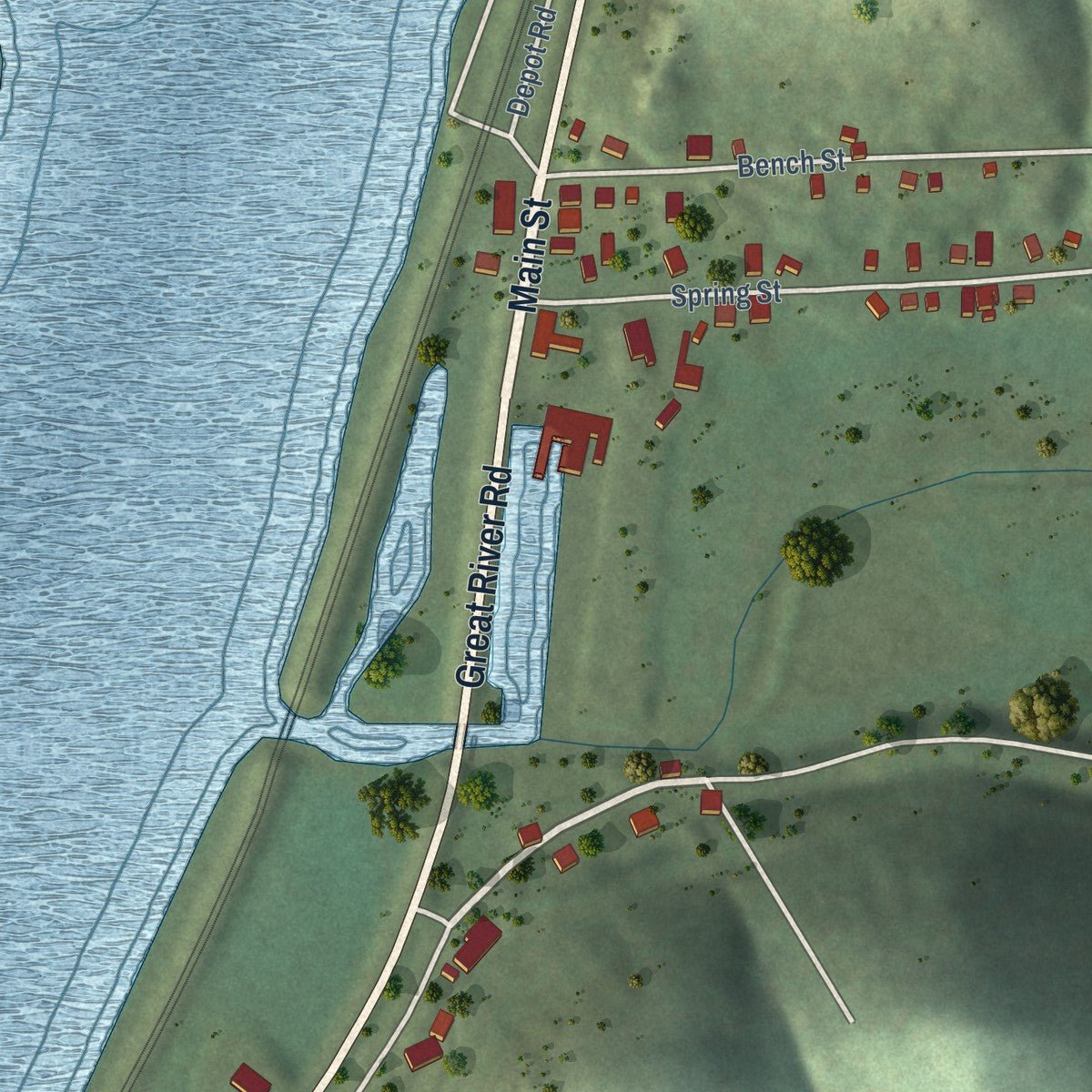 Second close-up of the map of Lynxville, Wisconsin print showing more streets and buildings