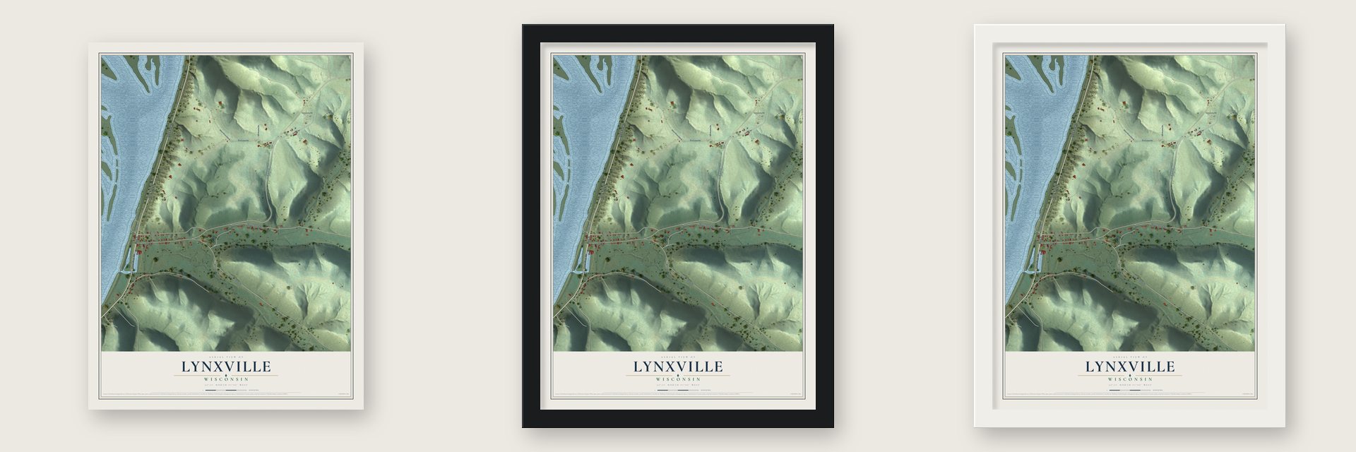 Lynxville, Wisconsin map unframed, in a black wood frame and in a white wood frame