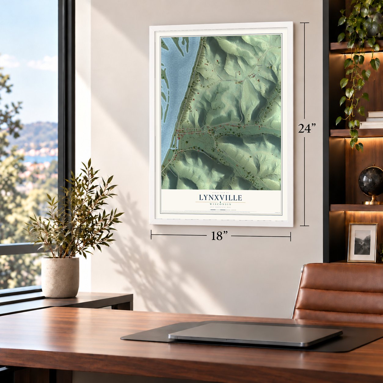 Lynxville, Wisconsin map, 18 x 24 inch print in a white frame in a home office