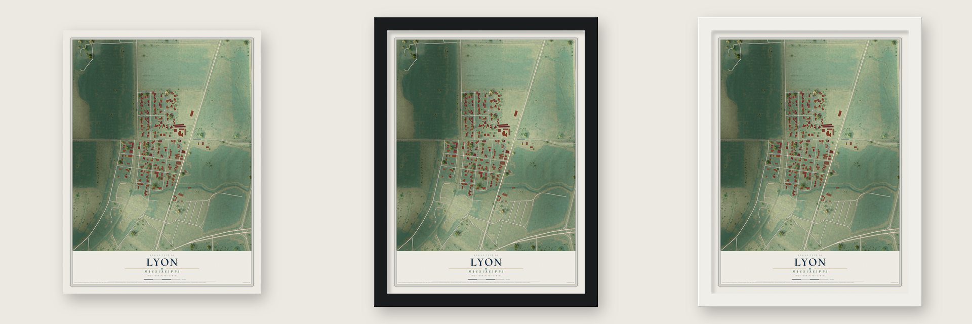 Lyon, Mississippi map unframed, in a black wood frame and in a white wood frame