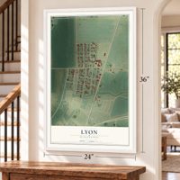 Lyon, Mississippi map, 24 x 36 inch print in a white frame by a staircase
