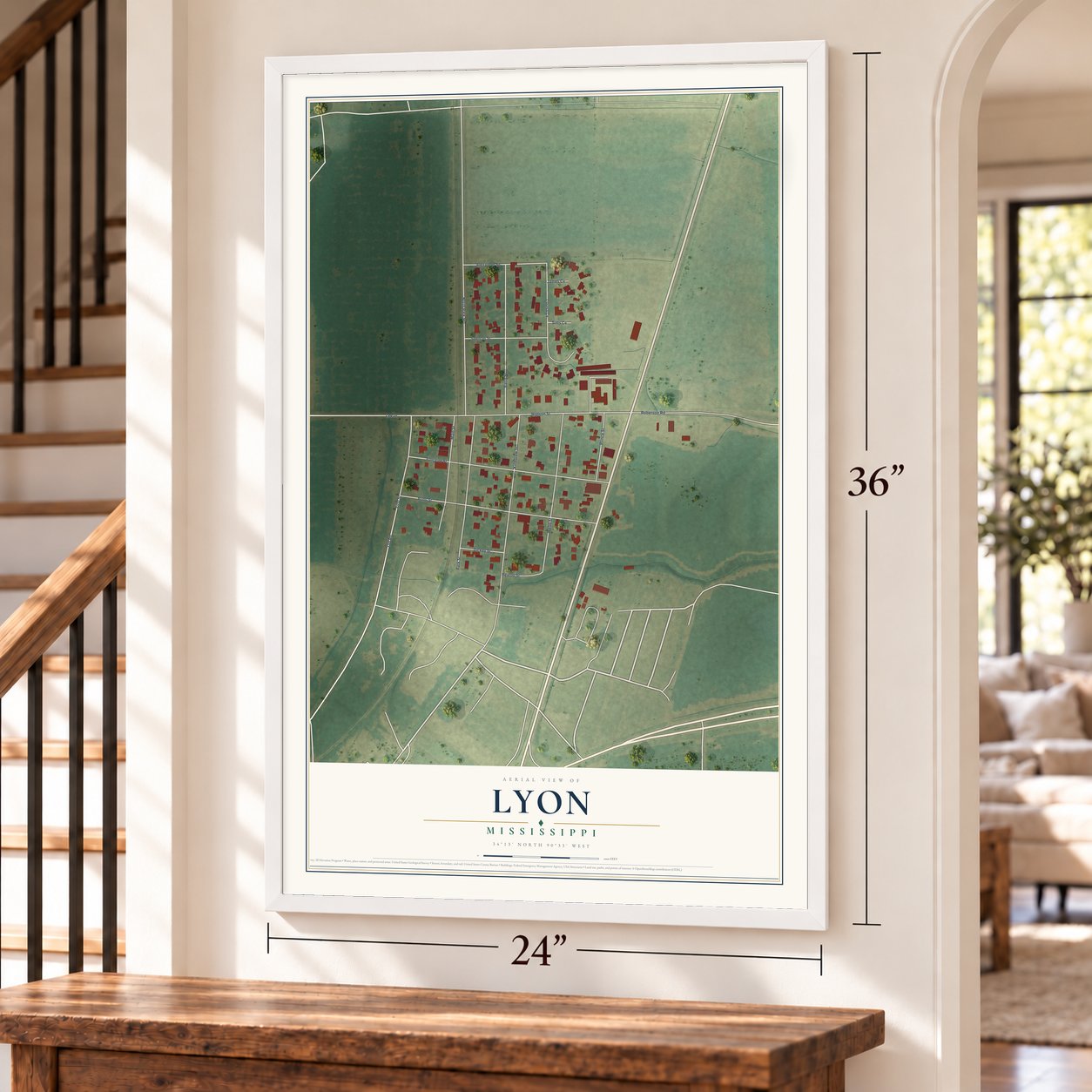 Lyon, Mississippi map, 24 x 36 inch print in a white frame by a staircase