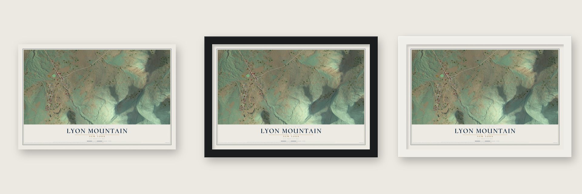 Lyon Mountain, New York map unframed, in a black wood frame and in a white wood frame