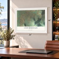 Lyon Mountain, New York map, 18 x 24 inch print in a white frame in a home office