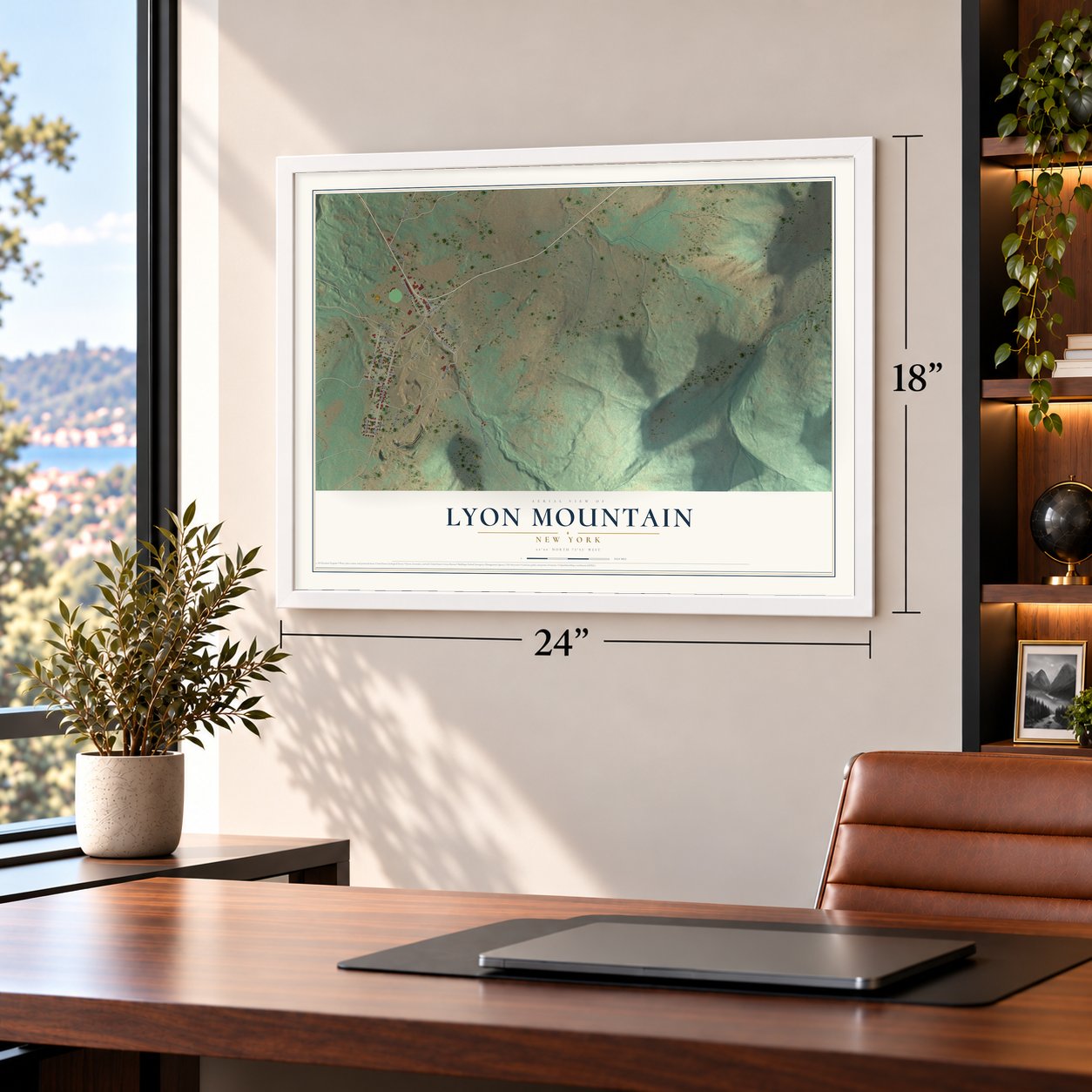 Lyon Mountain, New York map, 18 x 24 inch print in a white frame in a home office