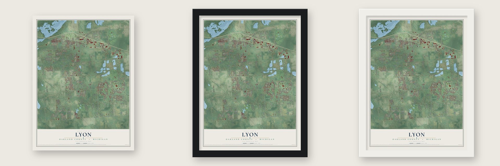 Lyon, Oakland County, Michigan map unframed, in a black wood frame and in a white wood frame