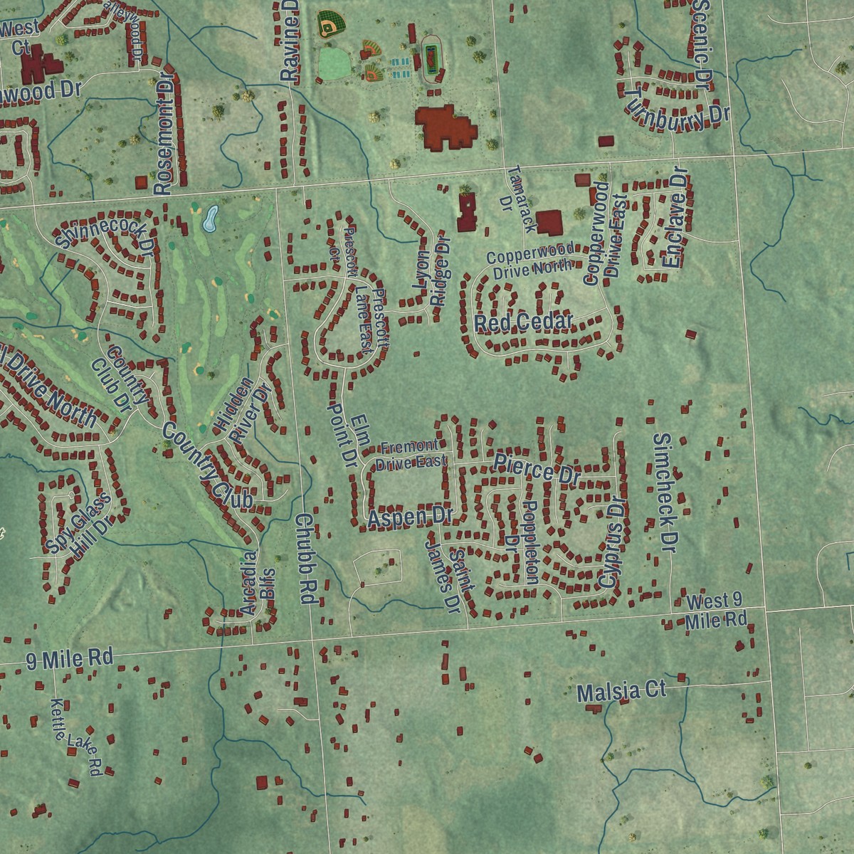 Second close-up of the map of Lyon, Oakland County, Michigan print showing more streets and buildings