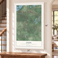 Lyon, Oakland County, Michigan map, 24 x 36 inch print in a white frame by a staircase