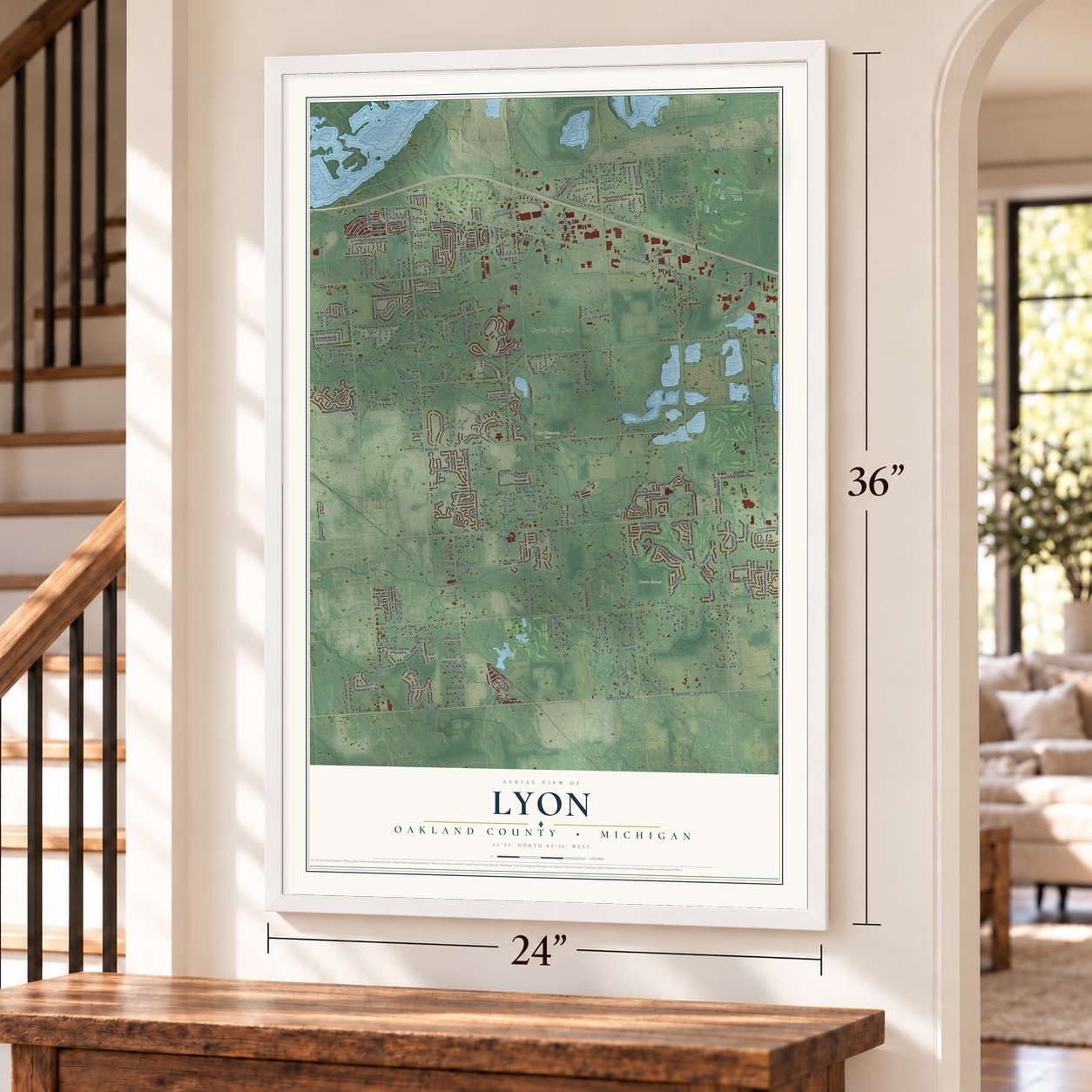 Lyon, Oakland County, Michigan map, 24 x 36 inch print in a white frame by a staircase