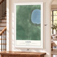 Lyon, Roscommon County, Michigan map, 24 x 36 inch print in a white frame by a staircase