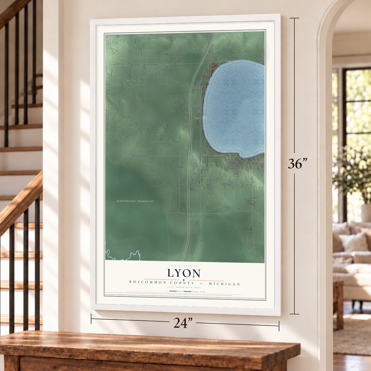 Lyon, Roscommon County, Michigan map, 24 x 36 inch print in a white frame by a staircase
