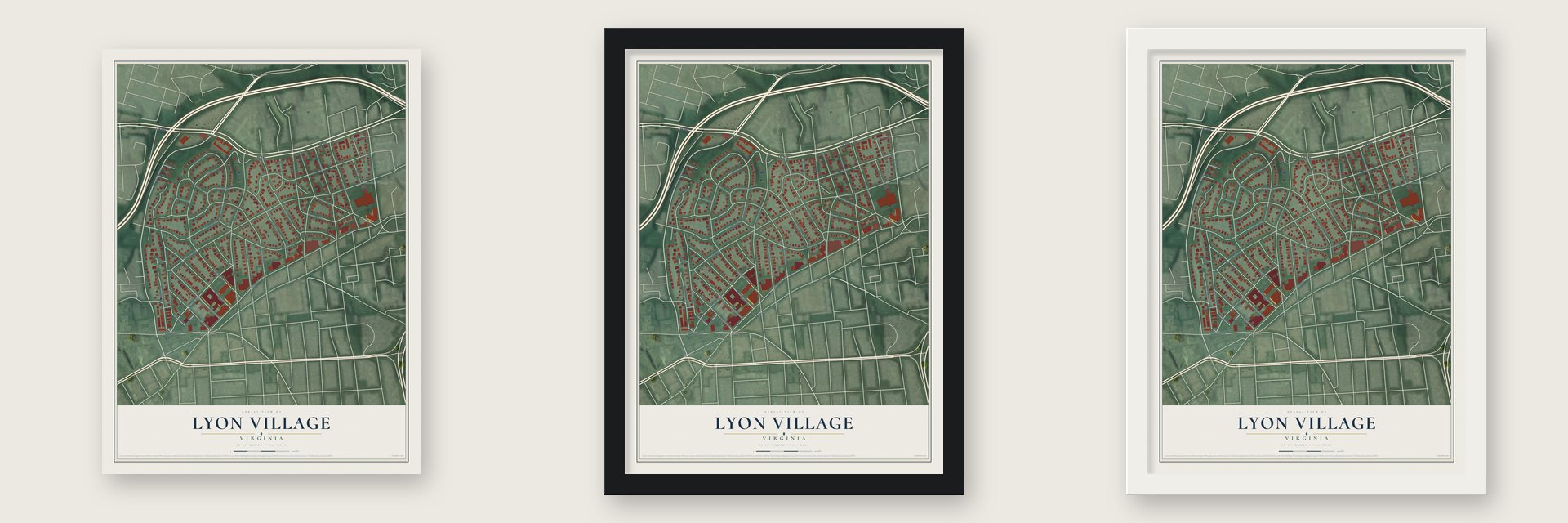 Lyon Village, Virginia map unframed, in a black wood frame and in a white wood frame