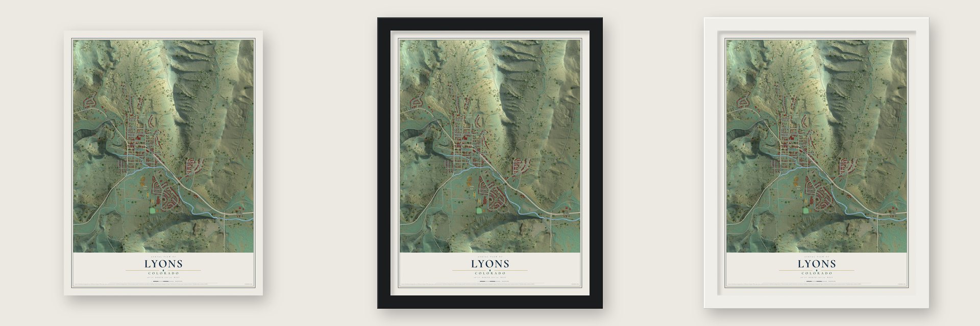 Lyons, Colorado map unframed, in a black wood frame and in a white wood frame