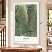 Lyons, Colorado map, 24 x 36 inch print in a white frame by a staircase