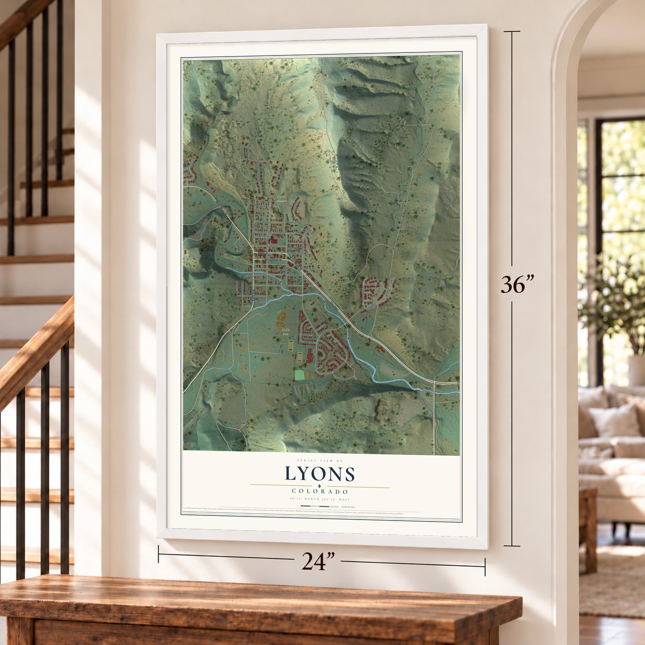 Lyons, Colorado map, 24 x 36 inch print in a white frame by a staircase