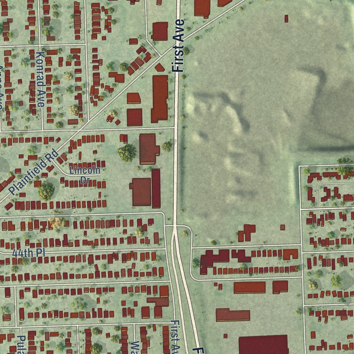 Second close-up of the map of Lyons, Illinois print showing more streets and buildings