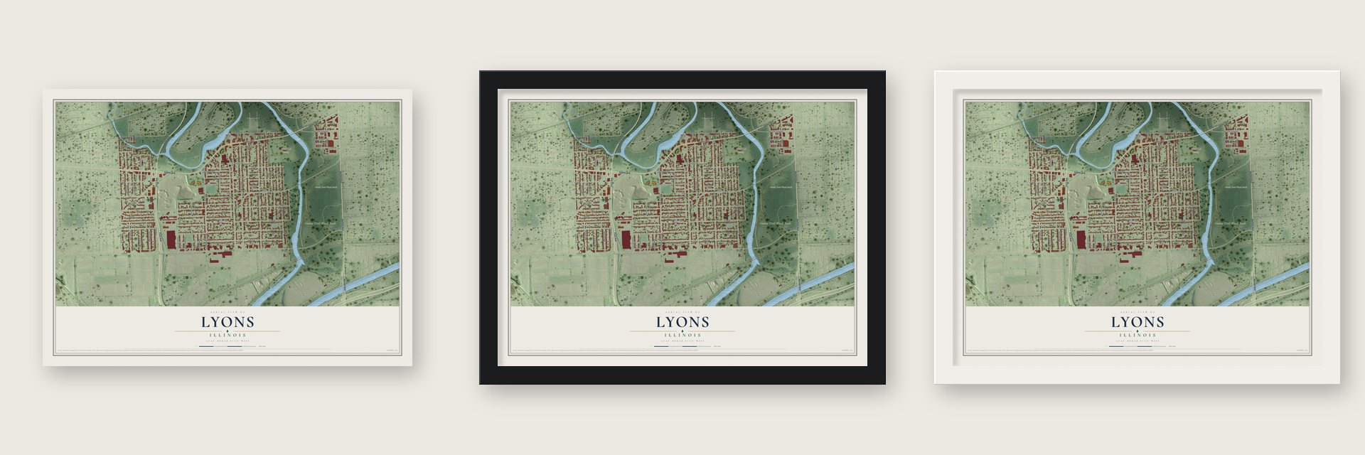 Lyons, Illinois map unframed, in a black wood frame and in a white wood frame