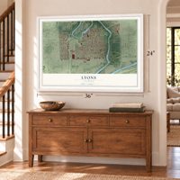 Lyons, Illinois map, 24 x 36 inch print in a white frame above a dresser by a staircase