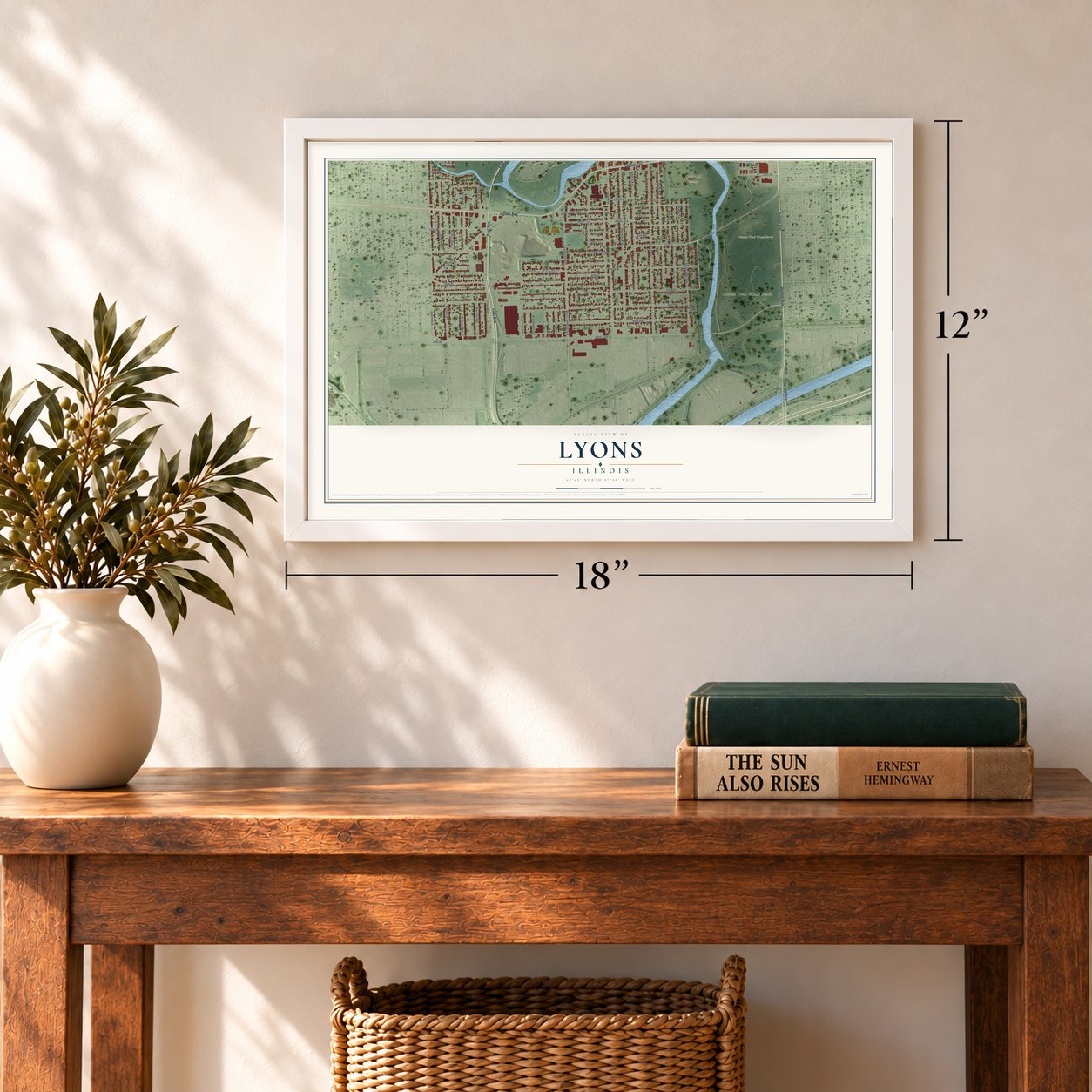 Lyons, Illinois map, 12 x 18 inch print in a white frame in an entryway