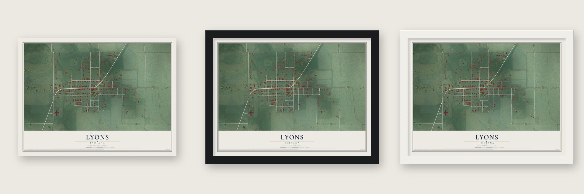 Lyons, Indiana map unframed, in a black wood frame and in a white wood frame