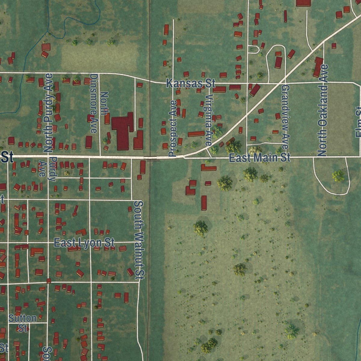 Second close-up of the map of Lyons, Kansas print showing more streets and buildings
