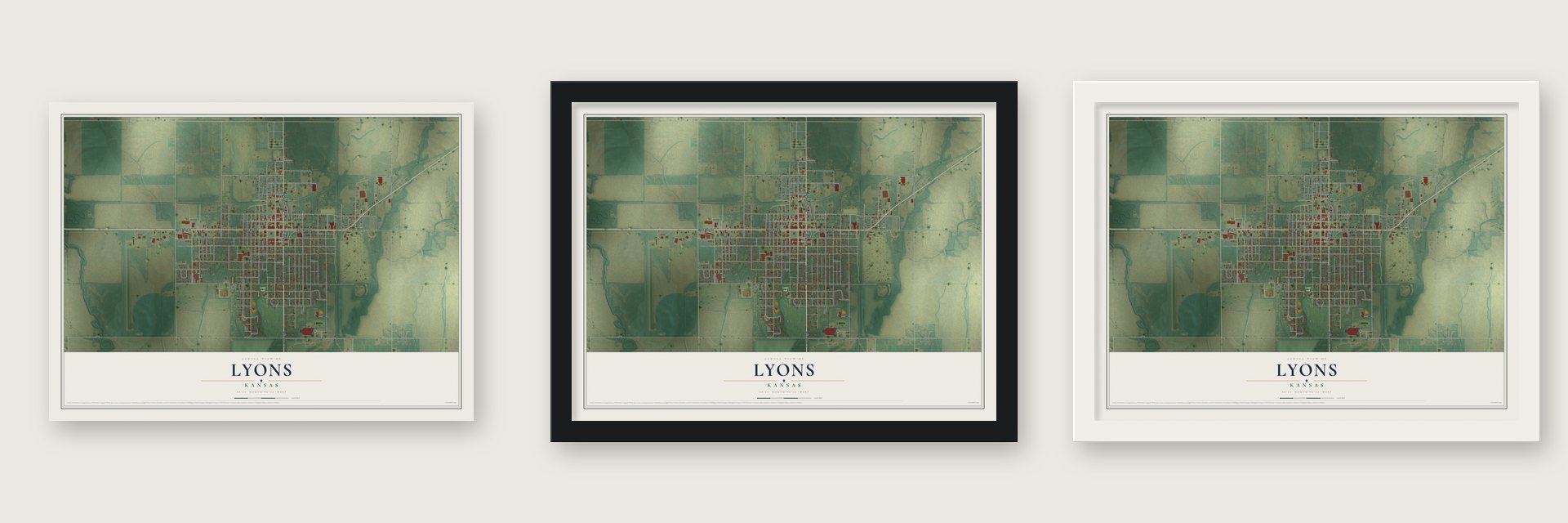 Lyons, Kansas map unframed, in a black wood frame and in a white wood frame