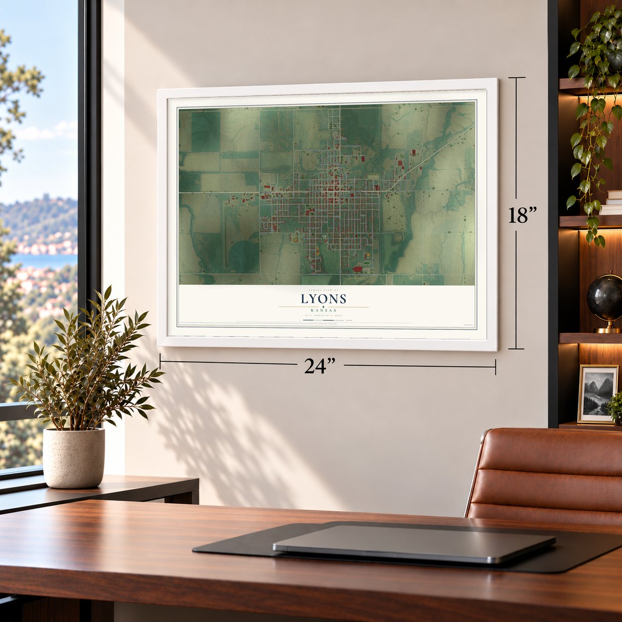 Lyons, Kansas map, 18 x 24 inch print in a white frame in a home office