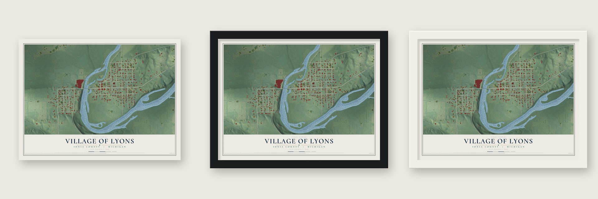 Lyons, Michigan map unframed, in a black wood frame and in a white wood frame
