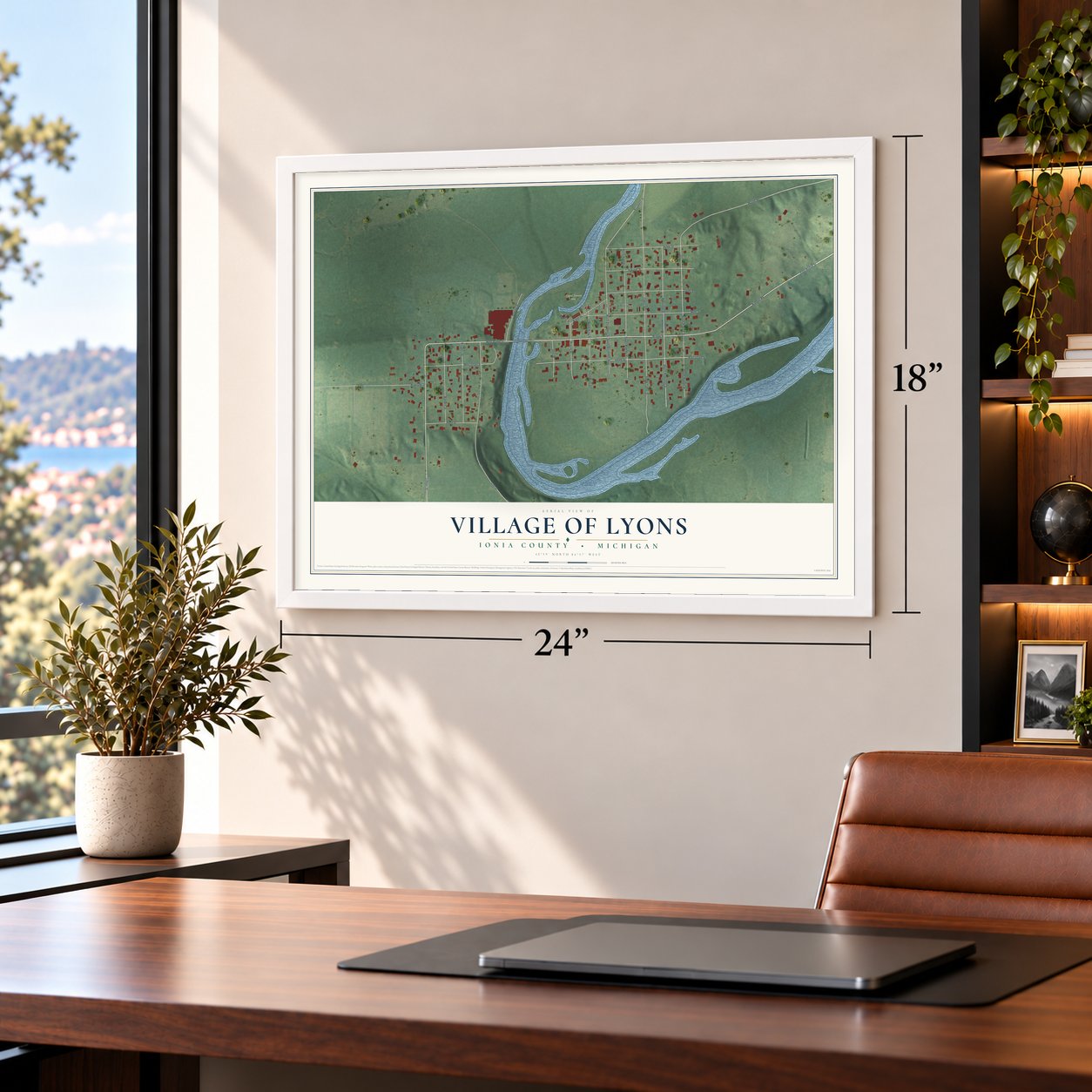 Lyons, Michigan map, 18 x 24 inch print in a white frame in a home office