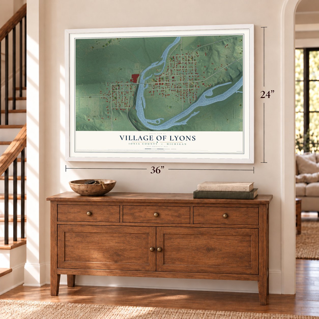 Lyons, Michigan map, 24 x 36 inch print in a white frame above a dresser by a staircase