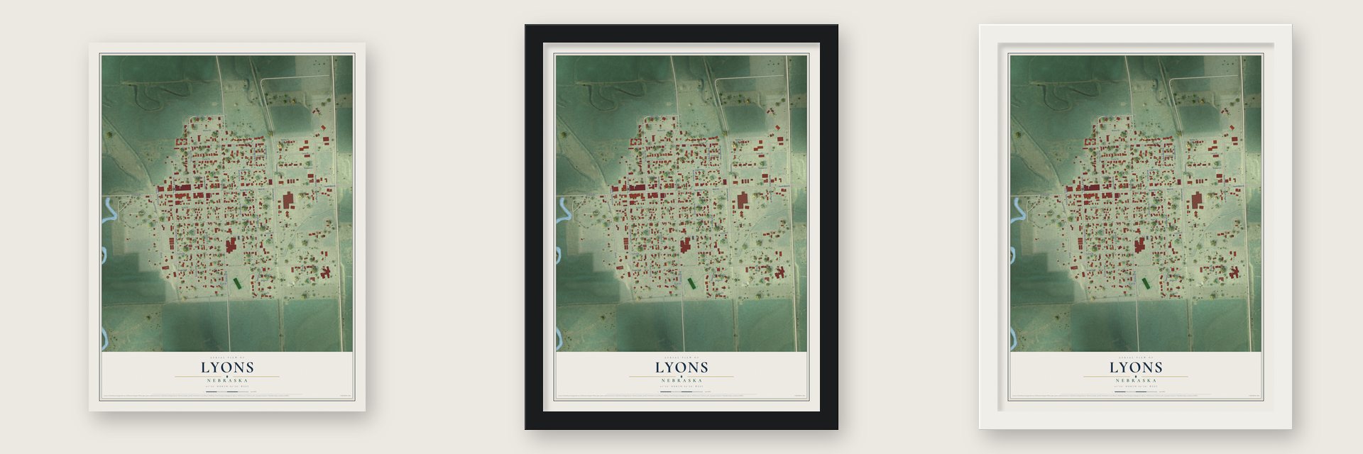 Lyons, Nebraska map unframed, in a black wood frame and in a white wood frame