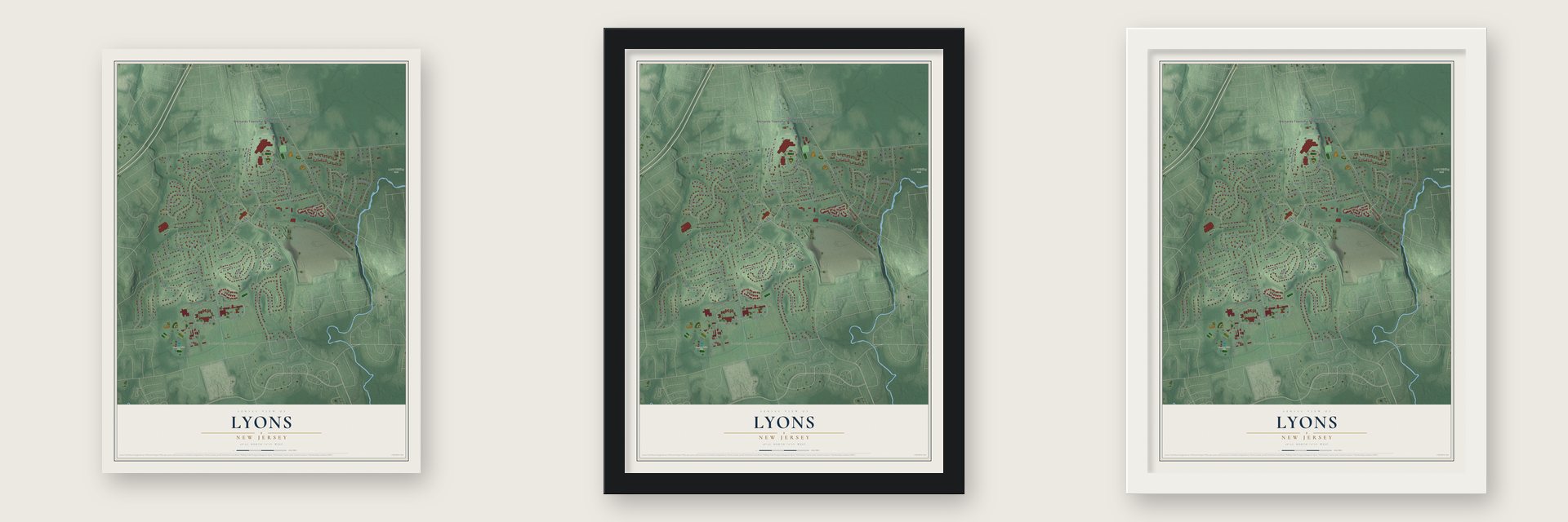 Lyons, New Jersey map unframed, in a black wood frame and in a white wood frame
