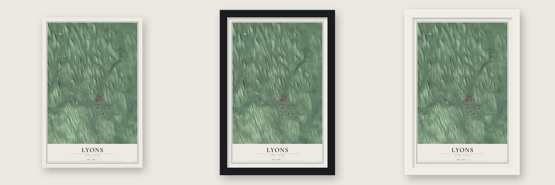 Lyons, New York map unframed, in a black wood frame and in a white wood frame
