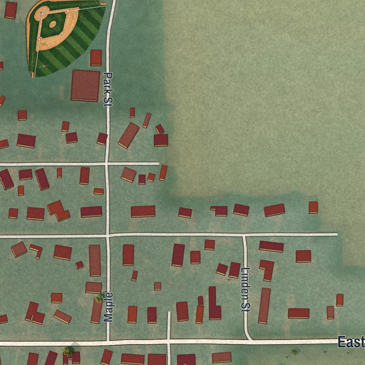Second close-up of the map of Lyons, Ohio print showing more streets and buildings
