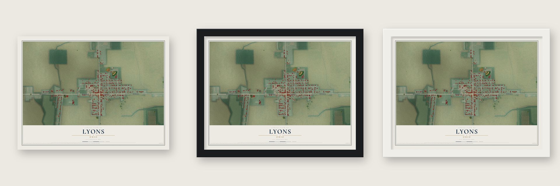 Lyons, Ohio map unframed, in a black wood frame and in a white wood frame
