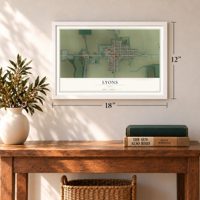 Lyons, Ohio map, 12 x 18 inch print in a white frame in an entryway