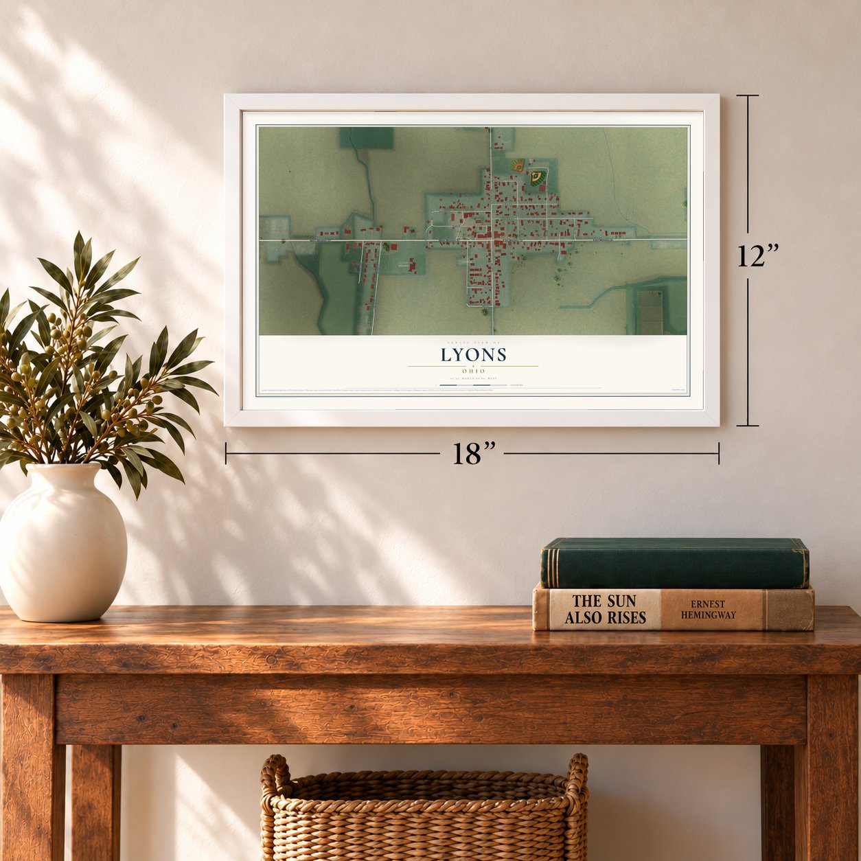 Lyons, Ohio map, 12 x 18 inch print in a white frame in an entryway